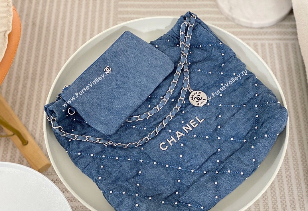 Chanel 22 Pearls Quilted Denim Shopping Bag AS3261 Blue 2024 0517 (SM-240517031)