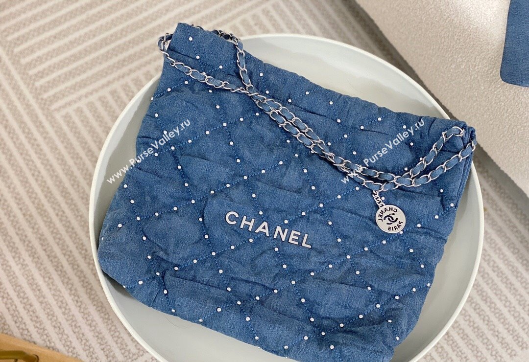Chanel 22 Pearls Quilted Denim Shopping Bag AS3261 Blue 2024 0517 (SM-240517031)