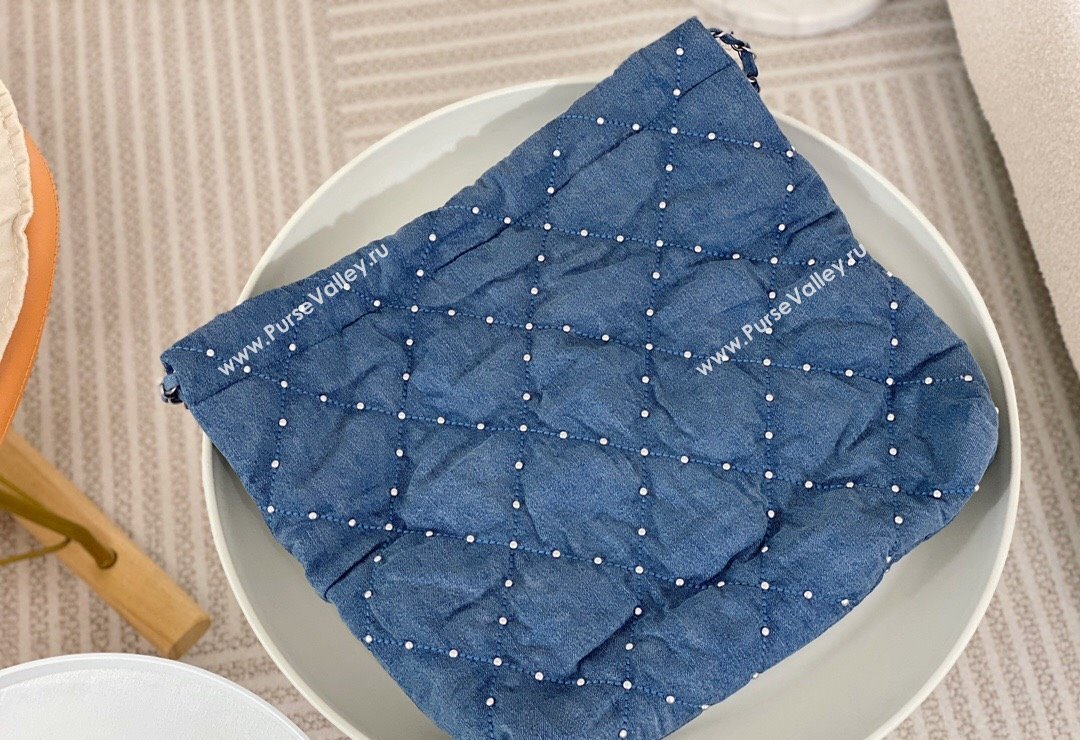 Chanel 22 Pearls Quilted Denim Shopping Bag AS3261 Blue 2024 0517 (SM-240517031)