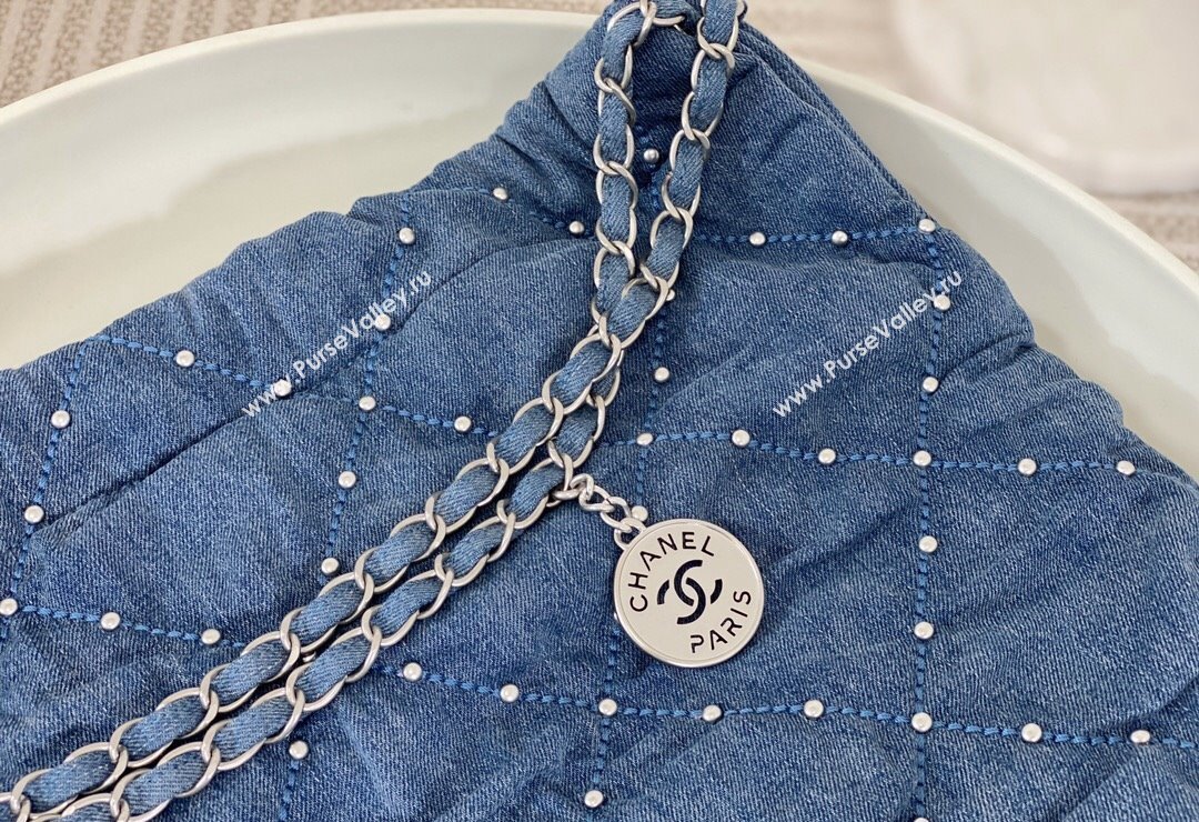 Chanel 22 Pearls Quilted Denim Shopping Bag AS3261 Blue 2024 0517 (SM-240517031)