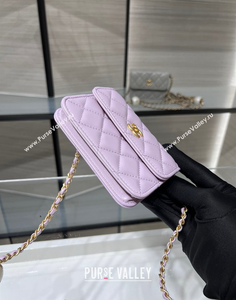 Chanel Lambskin Clutch with Pearls Chain Light Purple 2024 AP4010 (yezi-240517087)