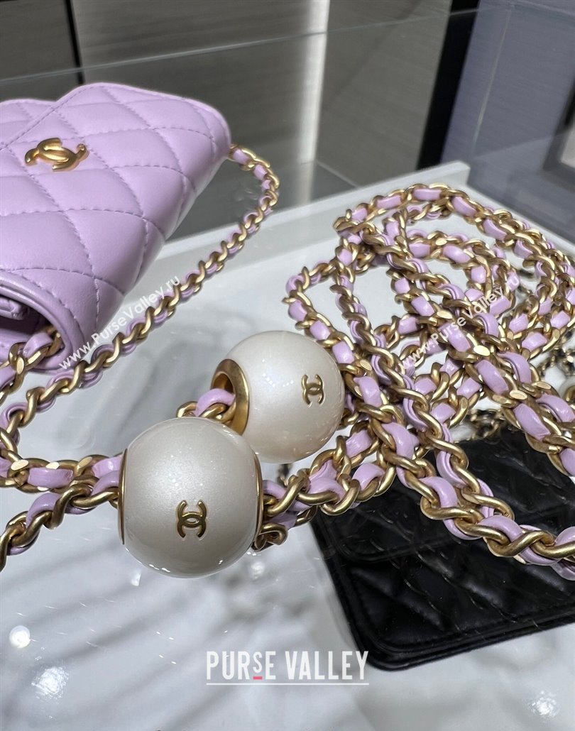 Chanel Lambskin Clutch with Pearls Chain Light Purple 2024 AP4010 (yezi-240517087)