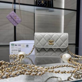 Chanel Lambskin Clutch with Pearls Chain Grey 2024 AP4010 (yezi-240517088)