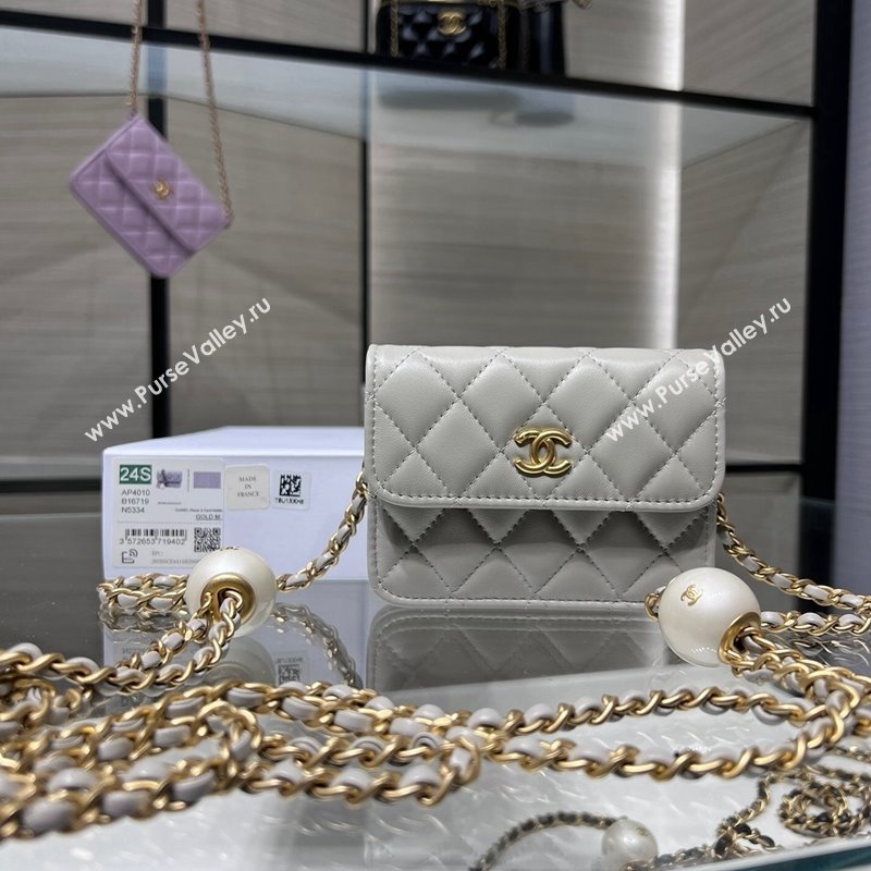 Chanel Lambskin Clutch with Pearls Chain Grey 2024 AP4010 (yezi-240517088)