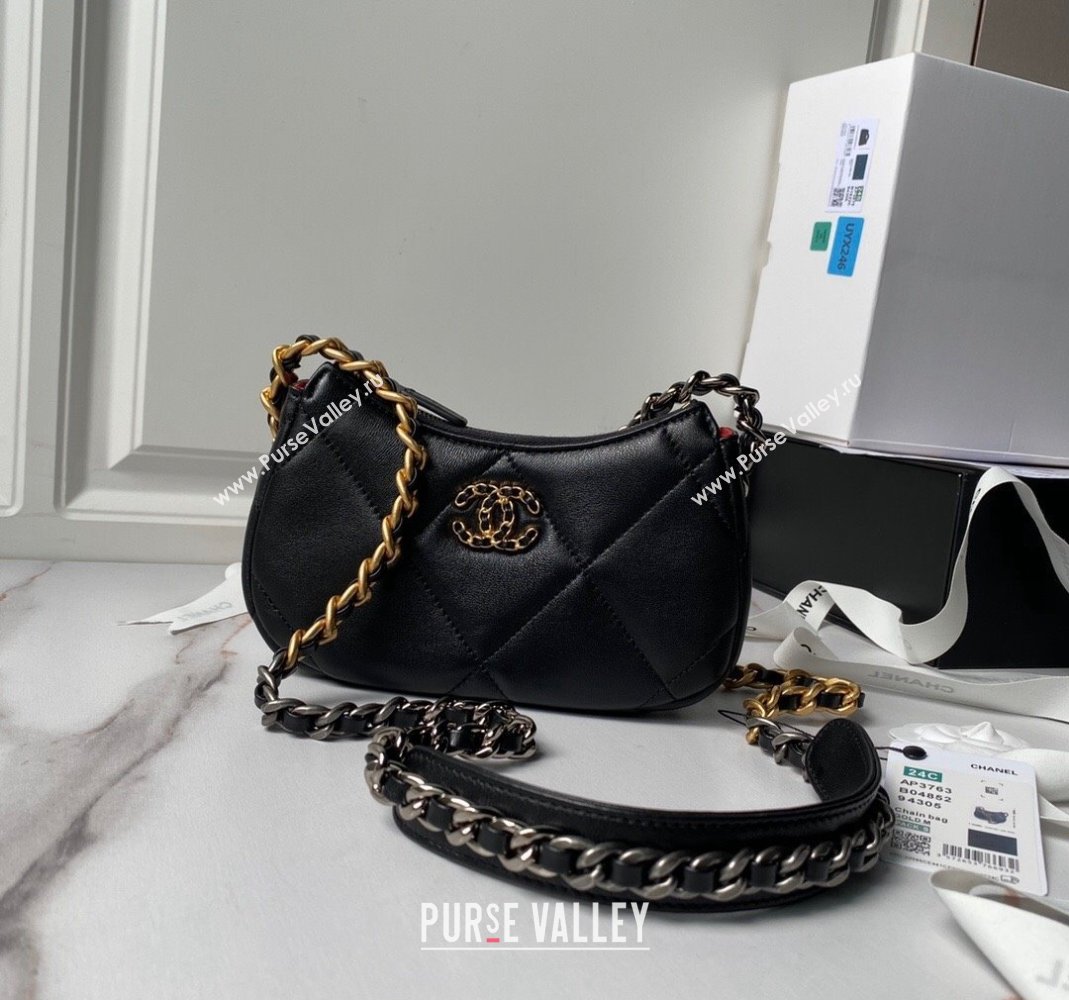 Chanel 19 Calfskin Clutch with Long Chain AP3763 Black 2024 (yezi-240517124)