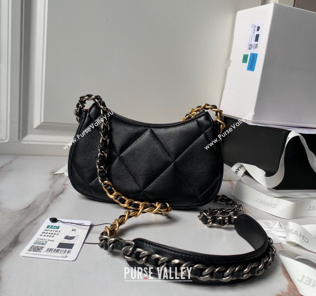 Chanel 19 Calfskin Clutch with Long Chain AP3763 Black 2024 (yezi-240517124)