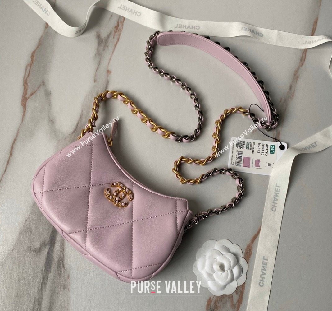 Chanel 19 Calfskin Clutch with Long Chain AP3763 Light Purple 2024 (yezi-240517123)