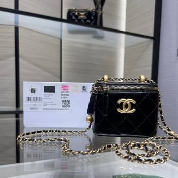 Chanel Shiny Calfskin Mini Clutch with Chain and Gold-Tone Balls AP2292 Black 2024 (yezi-240517101)