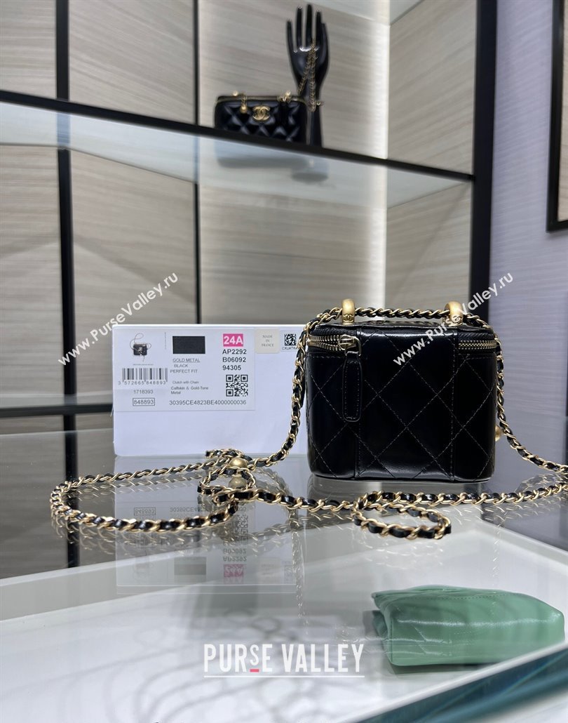Chanel Shiny Calfskin Mini Clutch with Chain and Gold-Tone Balls AP2292 Black 2024 (yezi-240517101)
