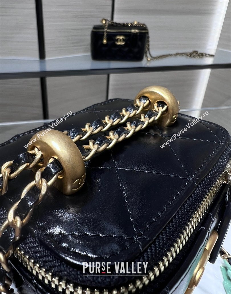 Chanel Shiny Calfskin Mini Clutch with Chain and Gold-Tone Balls AP2292 Black 2024 (yezi-240517101)