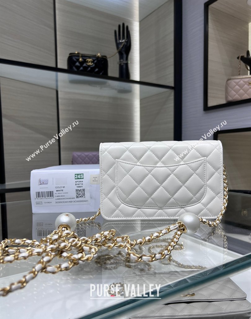 Chanel Lambskin Wallet On Pearls Chain WOC White 2024 AP3964 (yezi-240517089)
