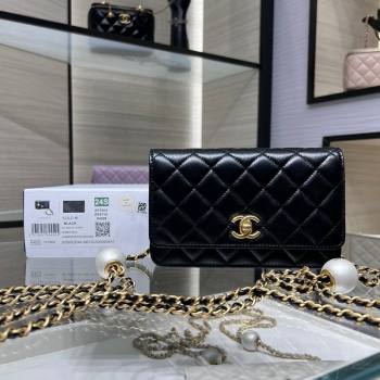 Chanel Lambskin Wallet On Pearls Chain WOC Black 2024 AP3964 (yezi-240517090)