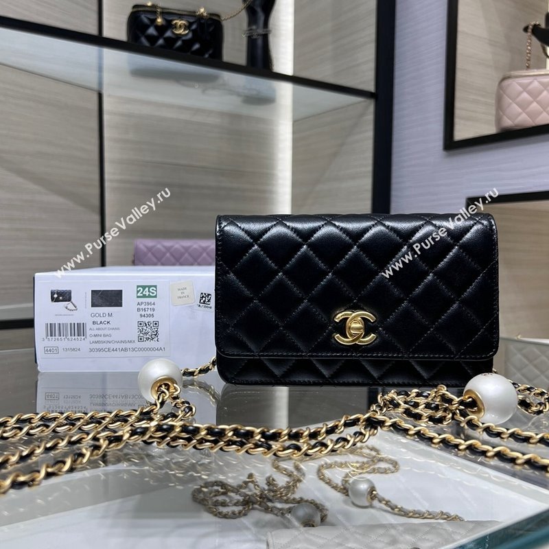 Chanel Lambskin Wallet On Pearls Chain WOC Black 2024 AP3964 (yezi-240517090)