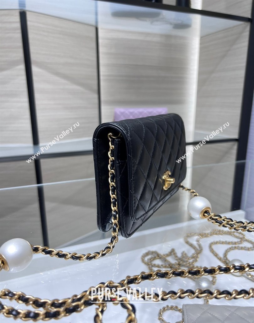 Chanel Lambskin Wallet On Pearls Chain WOC Black 2024 AP3964 (yezi-240517090)