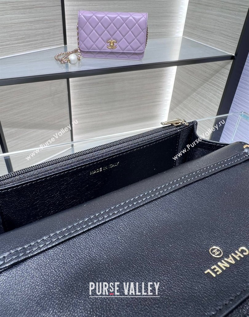 Chanel Lambskin Wallet On Pearls Chain WOC Black 2024 AP3964 (yezi-240517090)