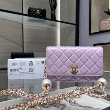 Chanel Lambskin Wallet On Pearls Chain WOC Light Purple 2024 AP3964 (yezi-240517091)