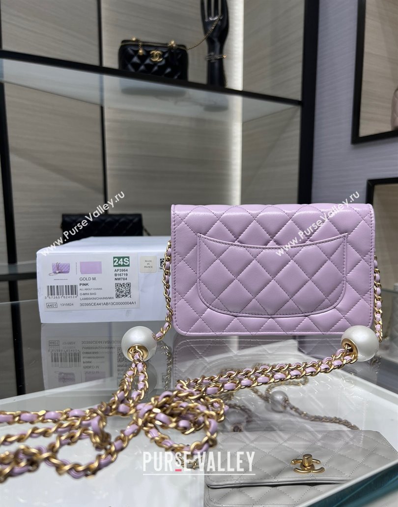Chanel Lambskin Wallet On Pearls Chain WOC Light Purple 2024 AP3964 (yezi-240517091)