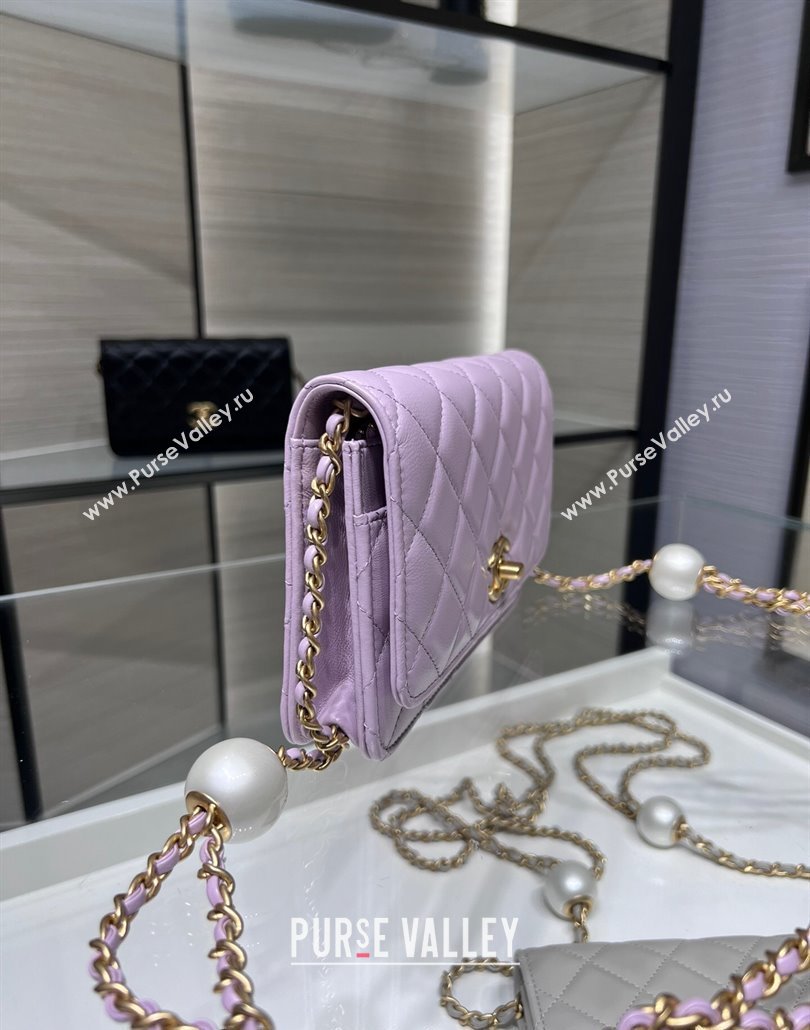 Chanel Lambskin Wallet On Pearls Chain WOC Light Purple 2024 AP3964 (yezi-240517091)