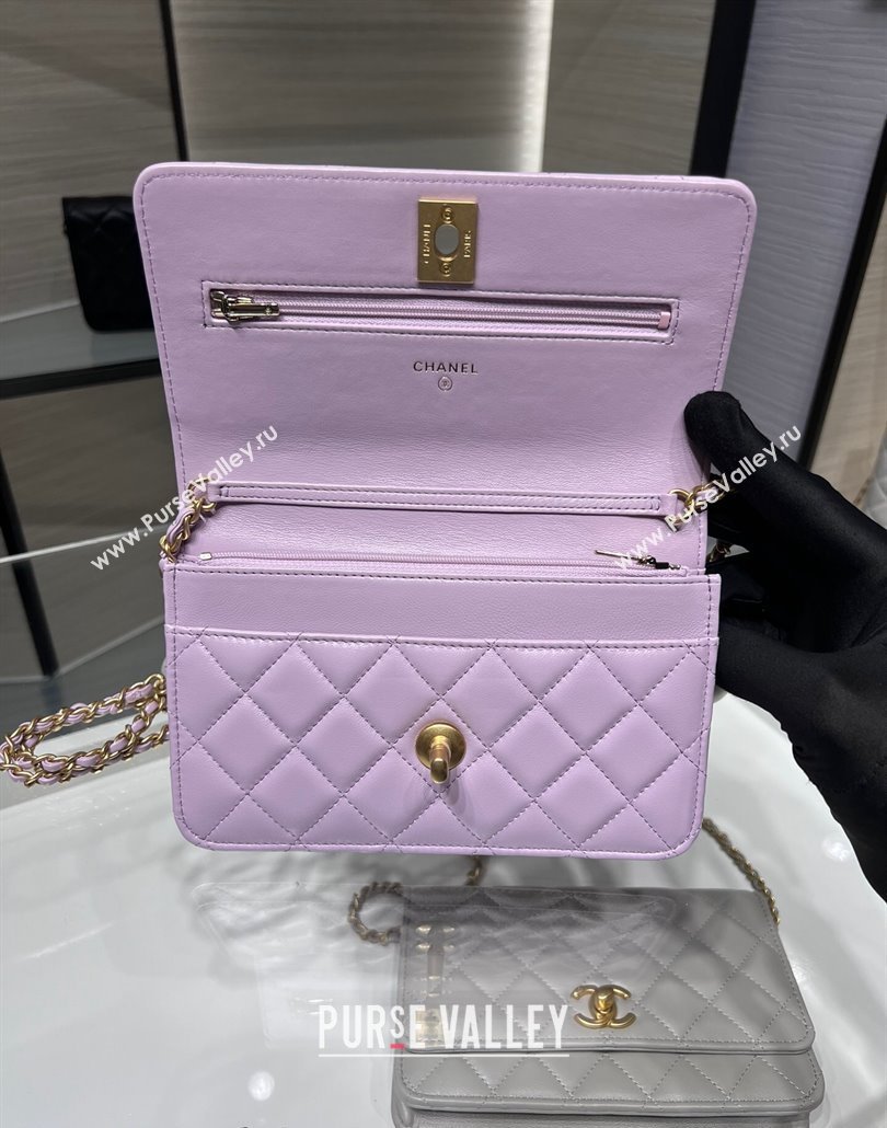 Chanel Lambskin Wallet On Pearls Chain WOC Light Purple 2024 AP3964 (yezi-240517091)