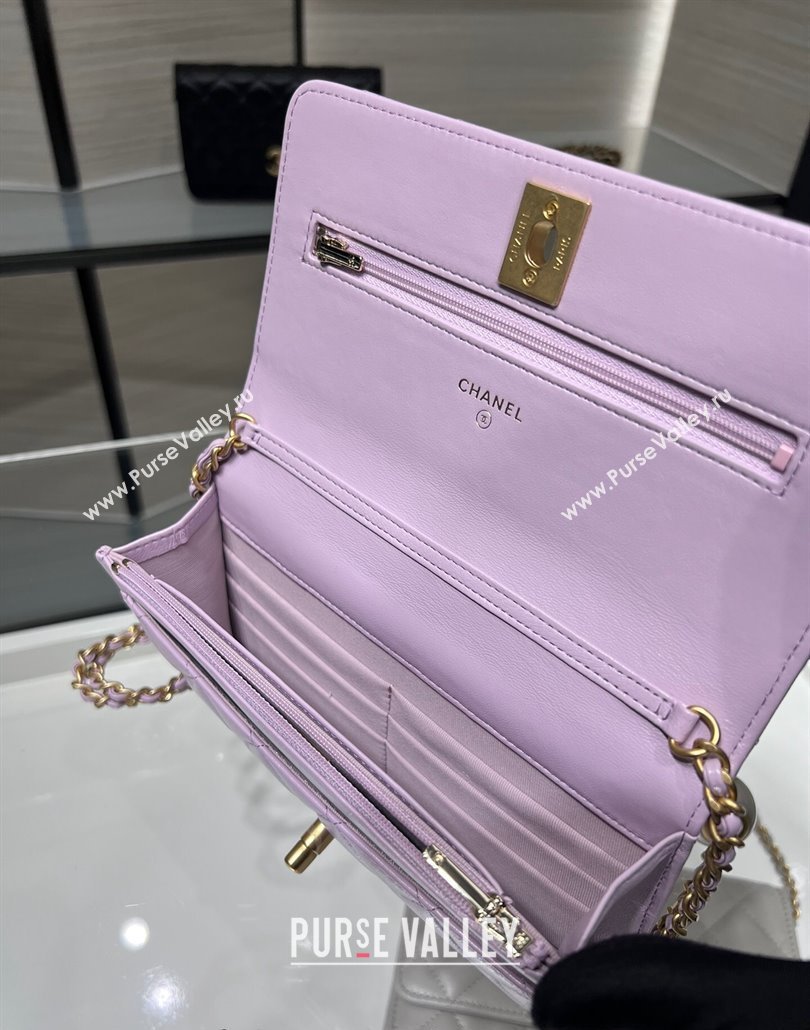 Chanel Lambskin Wallet On Pearls Chain WOC Light Purple 2024 AP3964 (yezi-240517091)