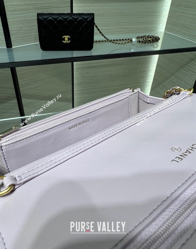 Chanel Lambskin Wallet On Pearls Chain WOC Light Purple 2024 AP3964 (yezi-240517091)