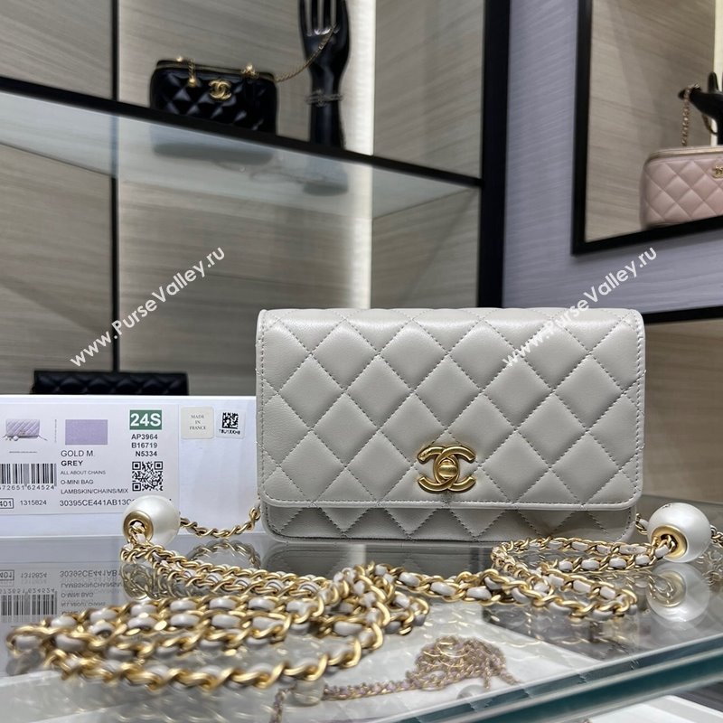 Chanel Lambskin Wallet On Pearls Chain WOC Grey 2024 AP3964 (yezi-240517092)