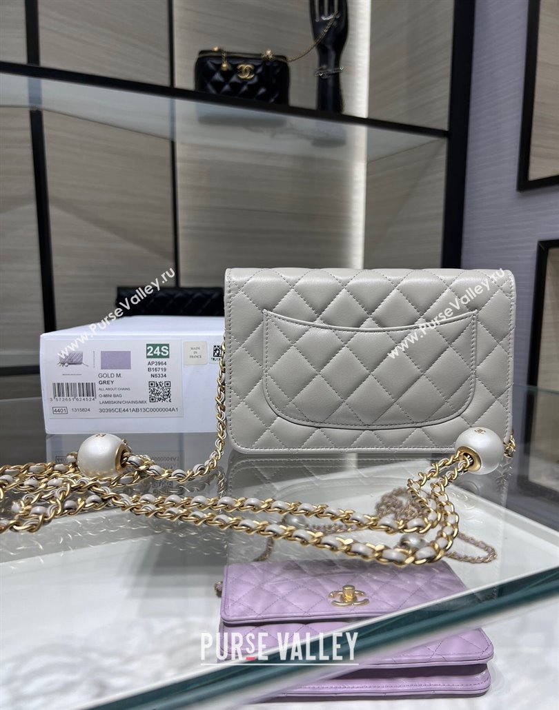 Chanel Lambskin Wallet On Pearls Chain WOC Grey 2024 AP3964 (yezi-240517092)