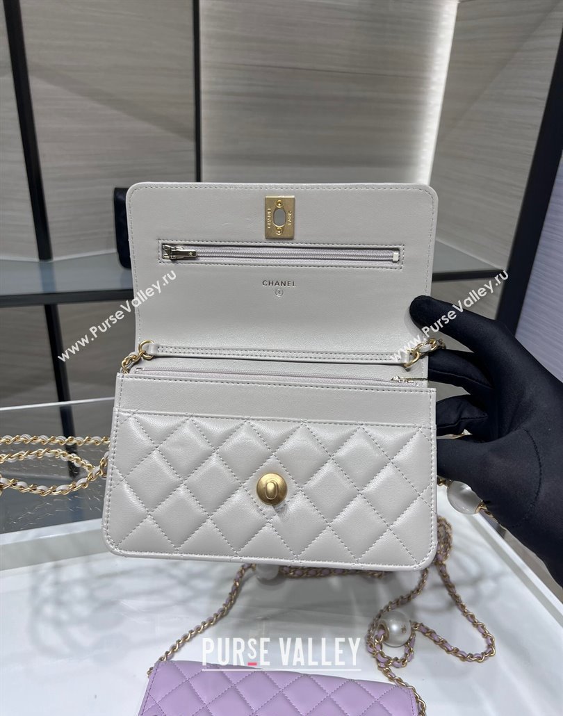 Chanel Lambskin Wallet On Pearls Chain WOC Grey 2024 AP3964 (yezi-240517092)