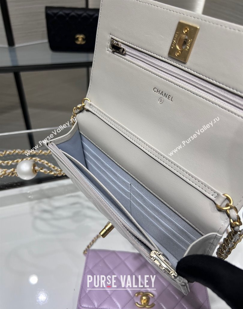 Chanel Lambskin Wallet On Pearls Chain WOC Grey 2024 AP3964 (yezi-240517092)