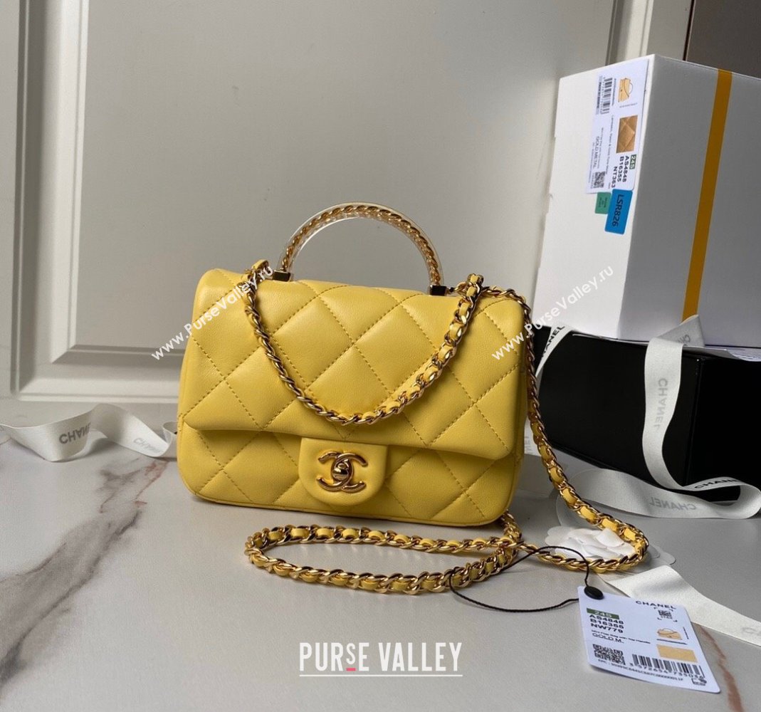 Chanel Calfskin Mini Flap bag with Chain Top Handle AS4848 Yellow 2024 (yezi-240517127)