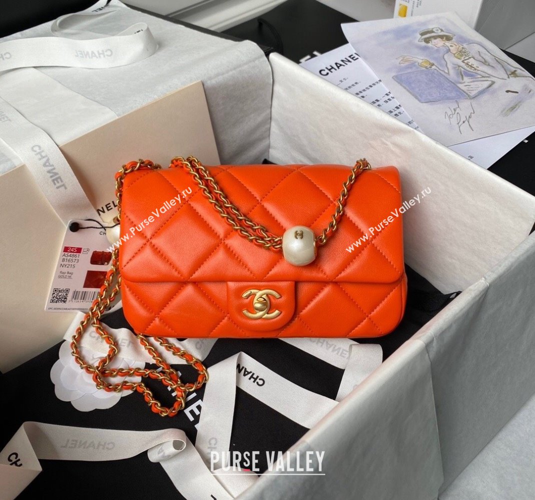 Chanel Lambskin Small Flap bag with Pearls Chain AS4861 Orange 2024 (yezi-240517093)
