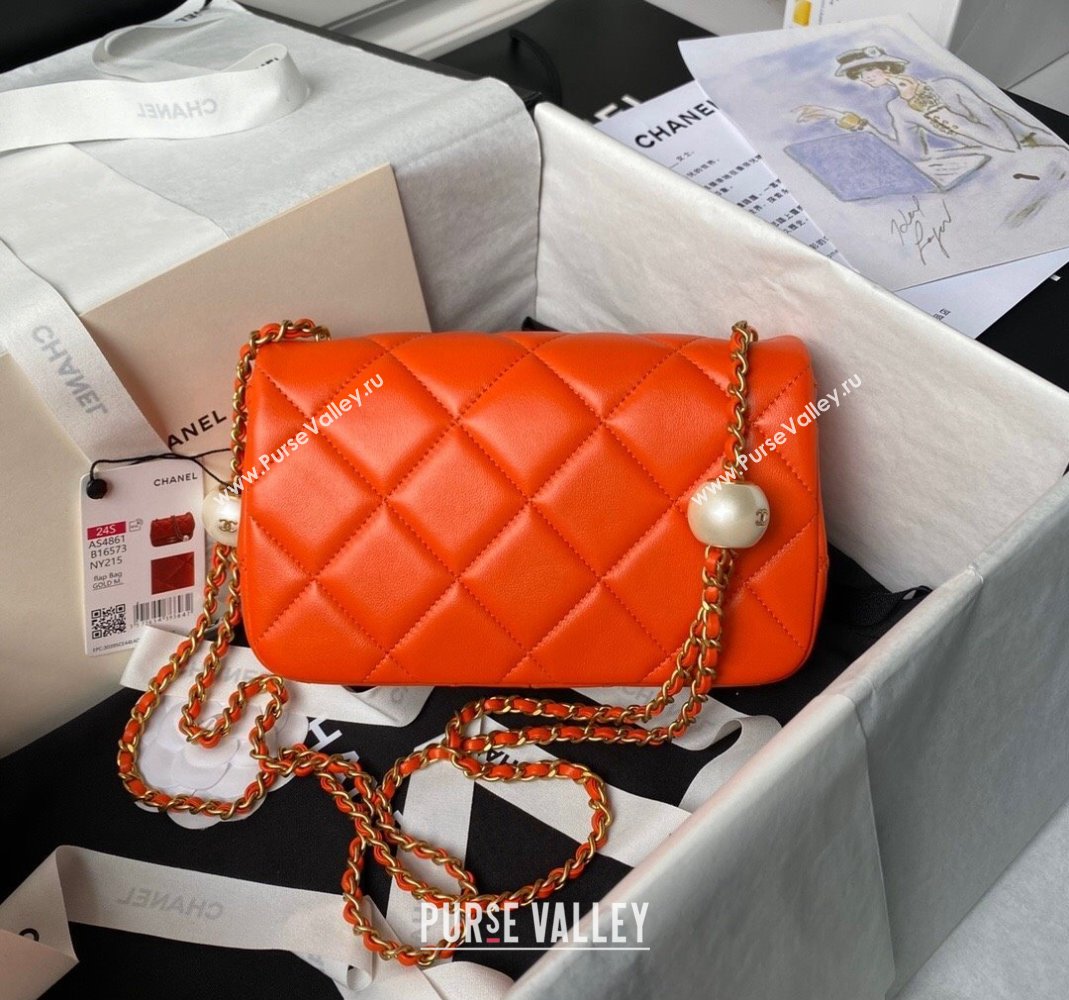Chanel Lambskin Small Flap bag with Pearls Chain AS4861 Orange 2024 (yezi-240517093)