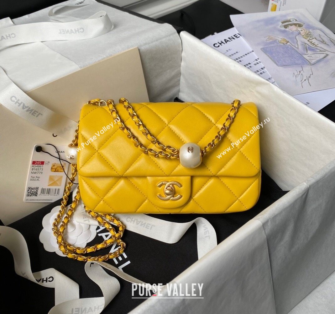 Chanel Lambskin Small Flap bag with Pearls Chain AS4861 Yellow 2024 (yezi-240517094)
