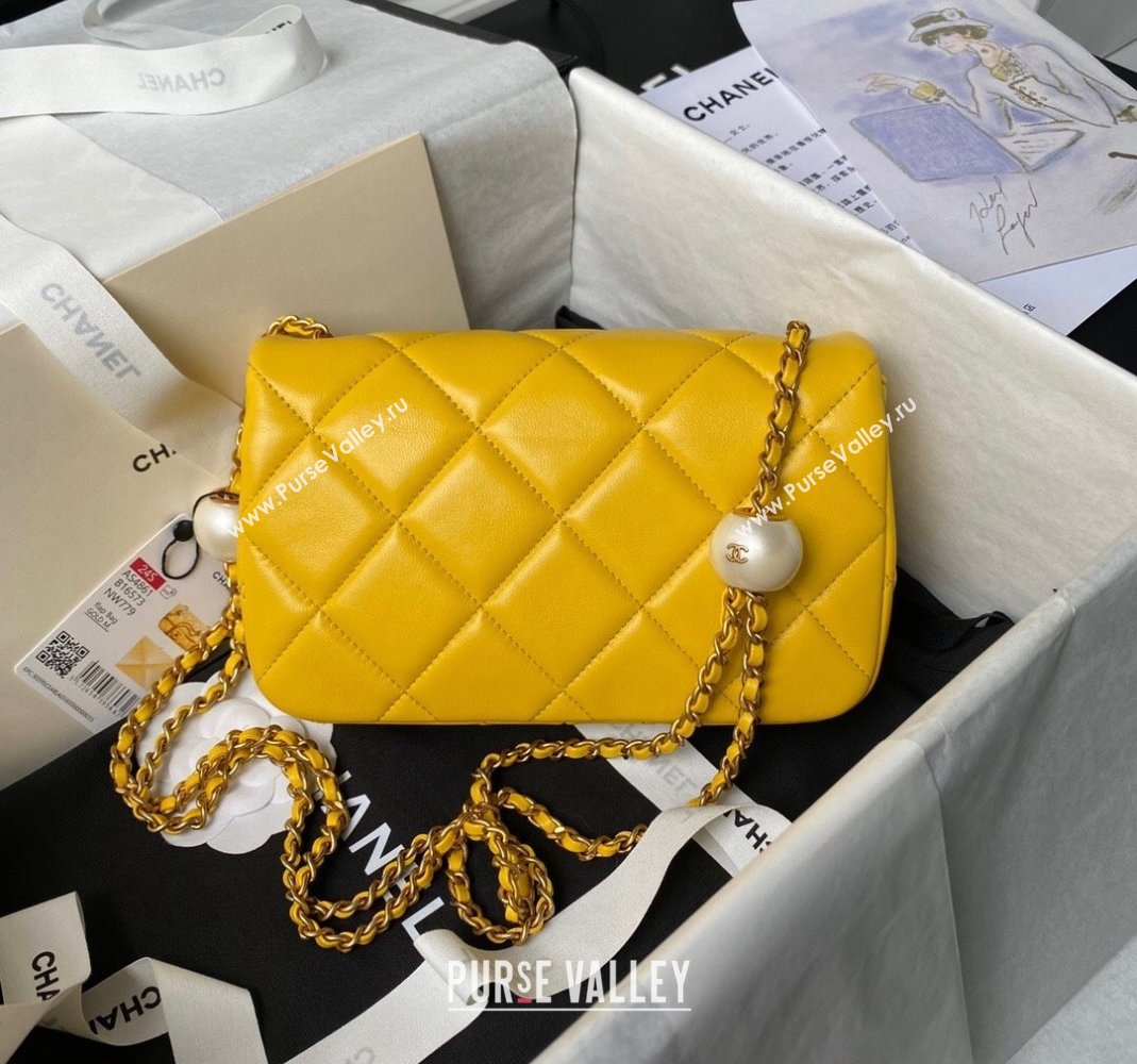 Chanel Lambskin Small Flap bag with Pearls Chain AS4861 Yellow 2024 (yezi-240517094)