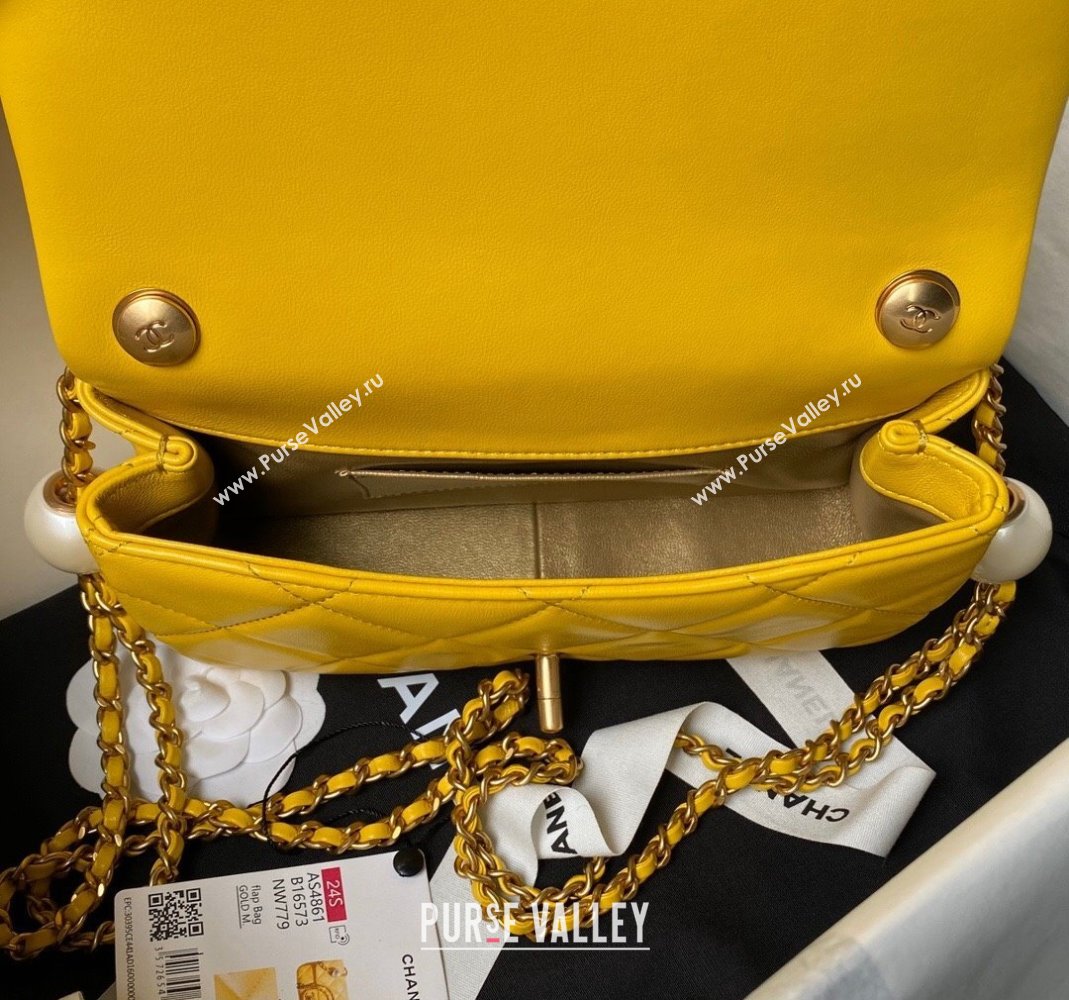 Chanel Lambskin Small Flap bag with Pearls Chain AS4861 Yellow 2024 (yezi-240517094)