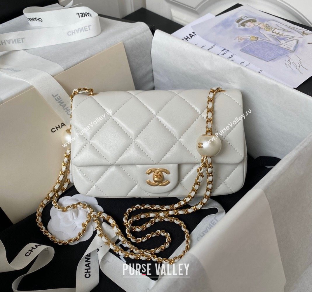 Chanel Lambskin Small Flap bag with Pearls Chain AS4861 White 2024 (yezi-240517095)