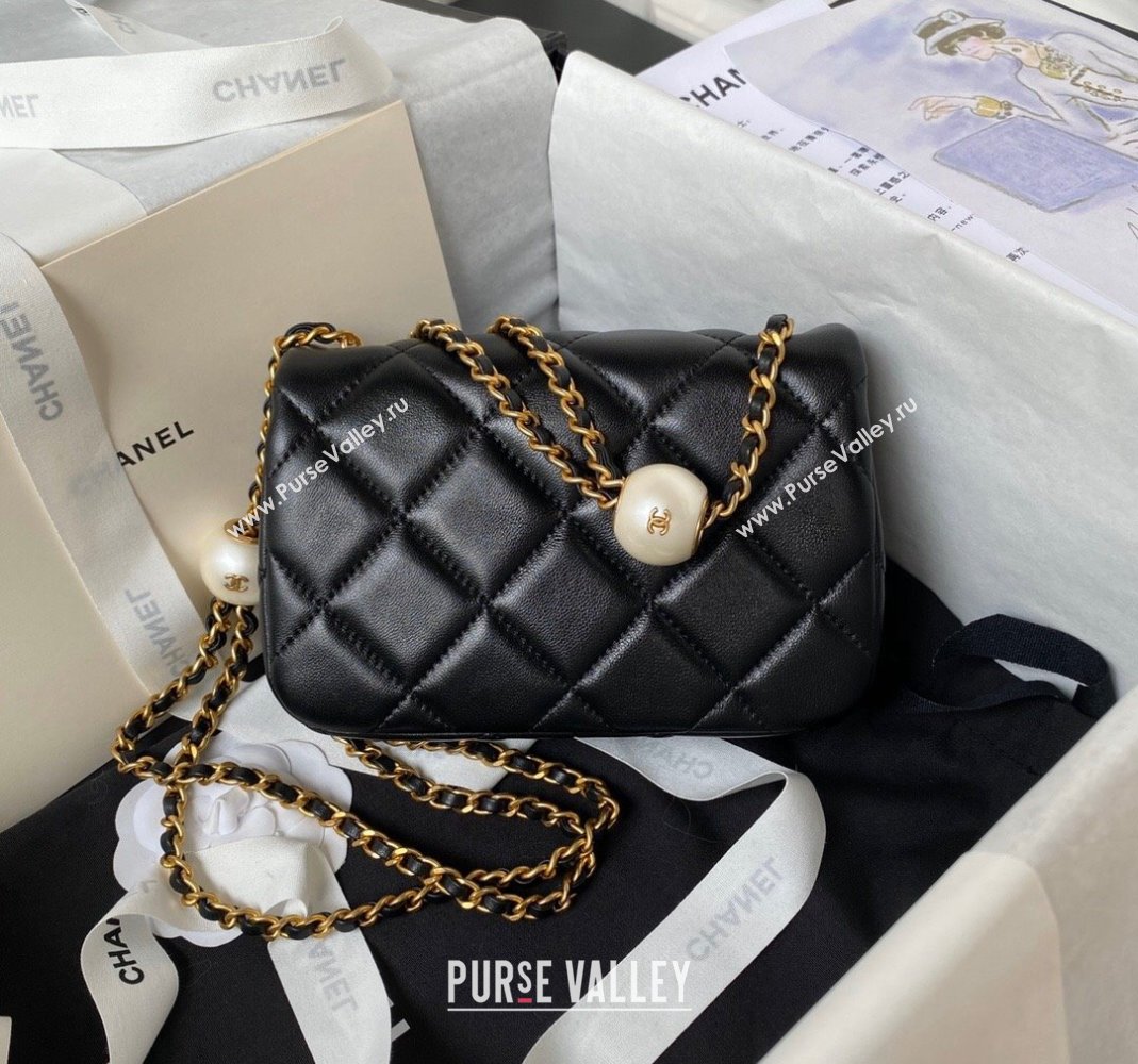 Chanel Lambskin Mini Flap bag with Pearls Chain AS4868 Black 2024 (yezi-240517096)