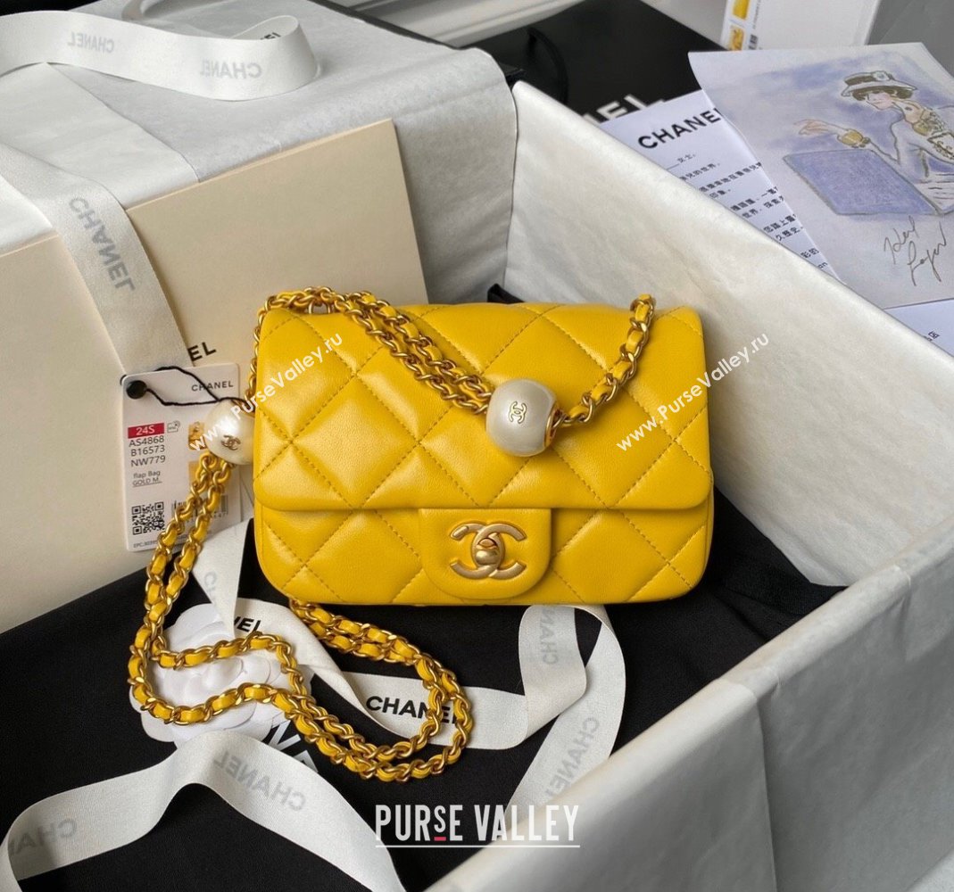 Chanel Lambskin Mini Flap bag with Pearls Chain AS4868 Yellow 2024 (yezi-240517097)