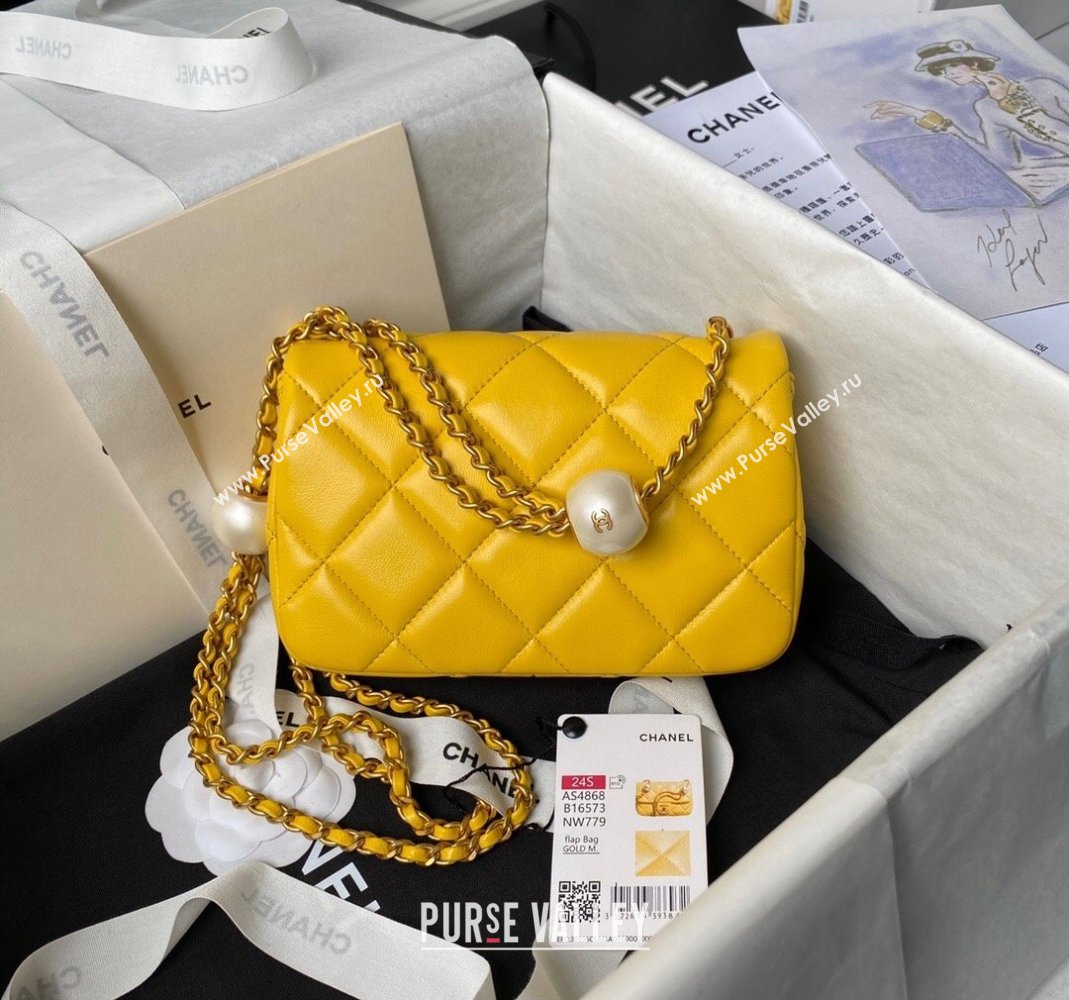 Chanel Lambskin Mini Flap bag with Pearls Chain AS4868 Yellow 2024 (yezi-240517097)
