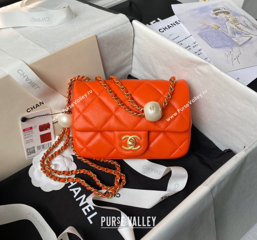 Chanel Lambskin Mini Flap bag with Pearls Chain AS4868 Orange 2024 (yezi-240517098)