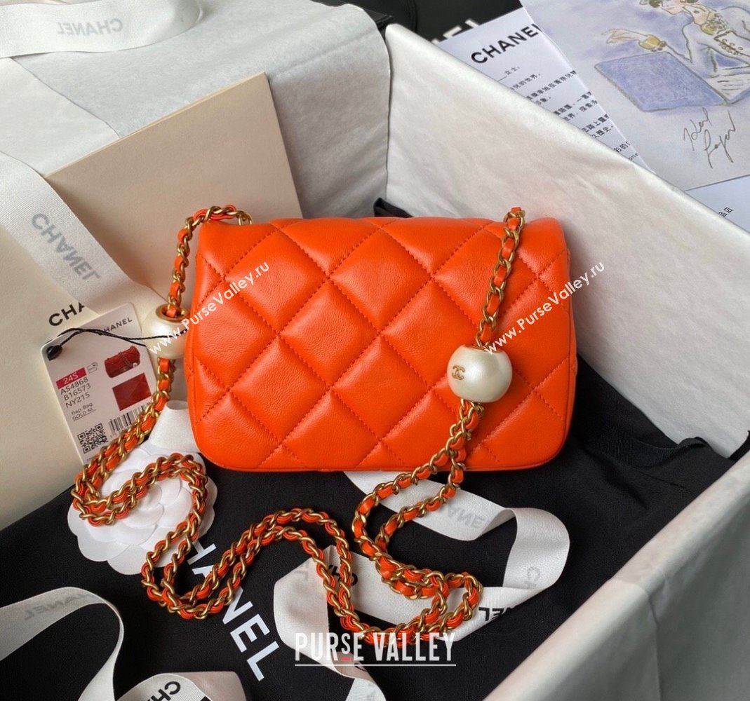 Chanel Lambskin Mini Flap bag with Pearls Chain AS4868 Orange 2024 (yezi-240517098)