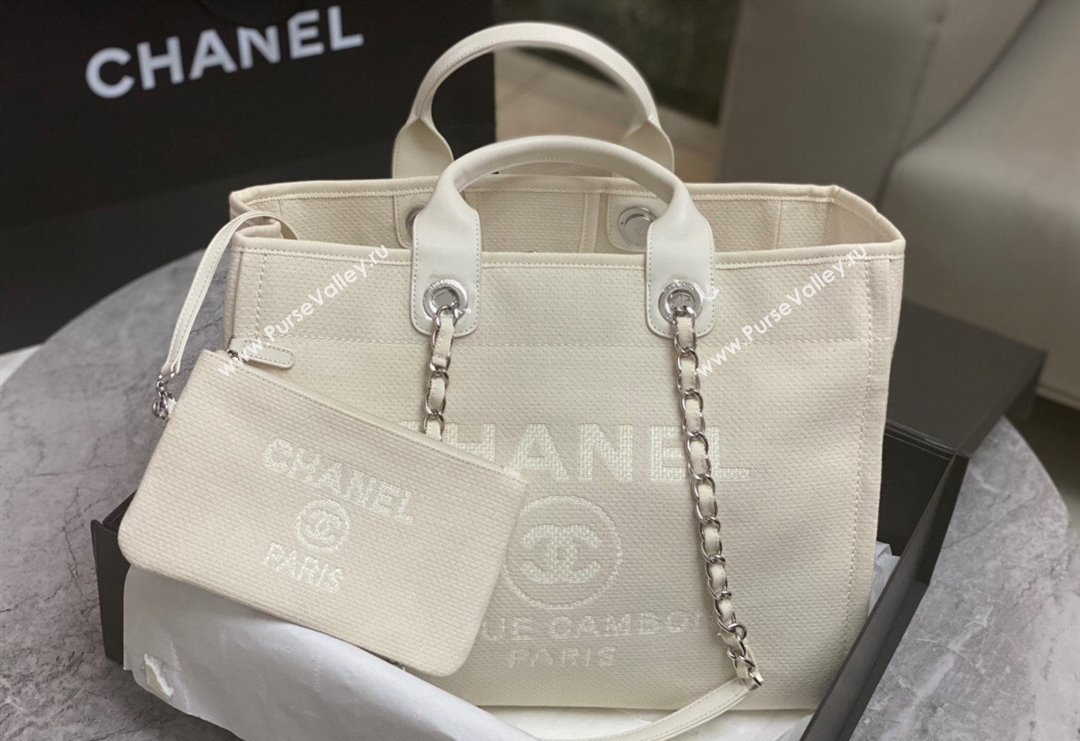 Chanel Deauville Cotton Calfskin Large Shopping Bag White 2024 0517 (yezi-240517044)