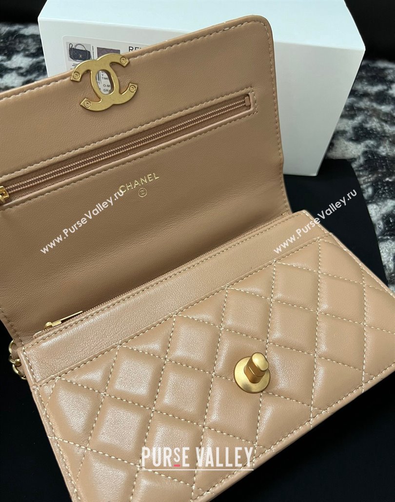 Chanel Shiny Lambskin Wallet On Chain WOC with CC Top Handle Beige 2024 AP3944 (yezi-240518007)