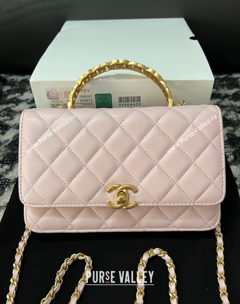 Chanel Shiny Lambskin Wallet On Chain WOC with CC Top Handle Light Pink 2024 AP3944 (yezi-240518008)