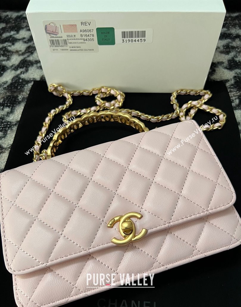 Chanel Shiny Lambskin Wallet On Chain WOC with CC Top Handle Light Pink 2024 AP3944 (yezi-240518008)