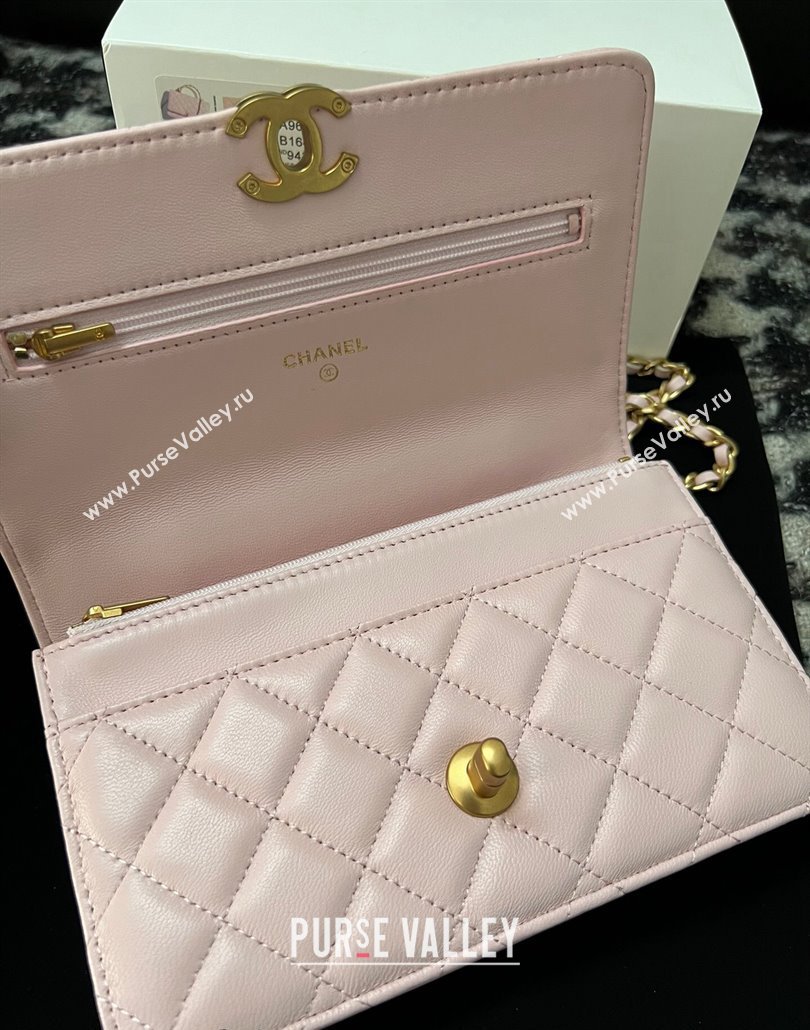 Chanel Shiny Lambskin Wallet On Chain WOC with CC Top Handle Light Pink 2024 AP3944 (yezi-240518008)