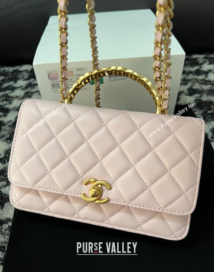 Chanel Shiny Lambskin Wallet On Chain WOC with CC Top Handle Light Pink 2024 AP3944 (yezi-240518008)