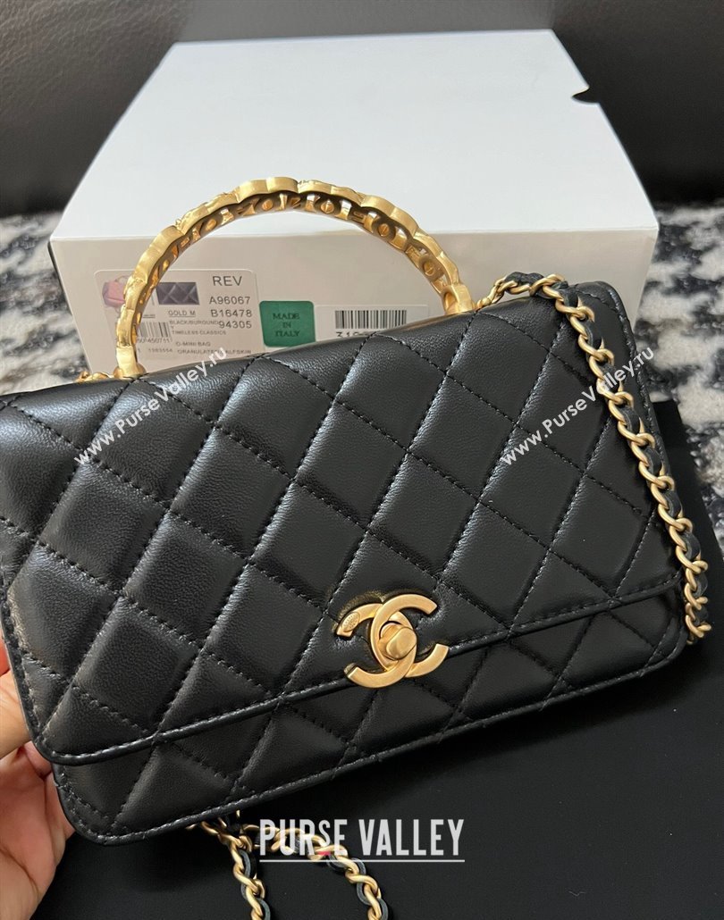 Chanel Shiny Lambskin Wallet On Chain WOC with CC Top Handle Black 2024 AP3944 (yezi-240518009)