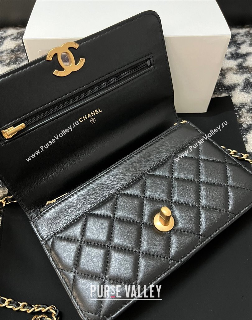 Chanel Shiny Lambskin Wallet On Chain WOC with CC Top Handle Black 2024 AP3944 (yezi-240518009)