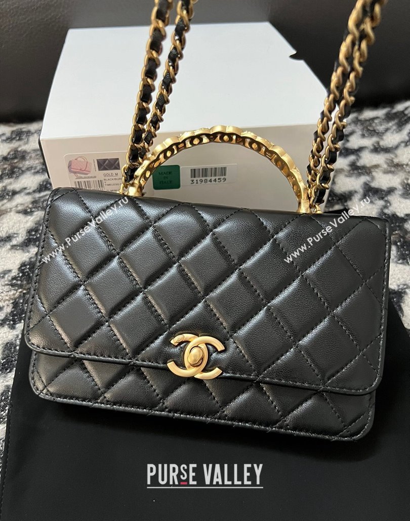 Chanel Shiny Lambskin Wallet On Chain WOC with CC Top Handle Black 2024 AP3944 (yezi-240518009)